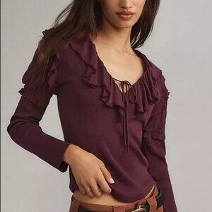Anthropologie Long-Sleeve Ruffle Top Purple V Neck Thermal Blouse XL